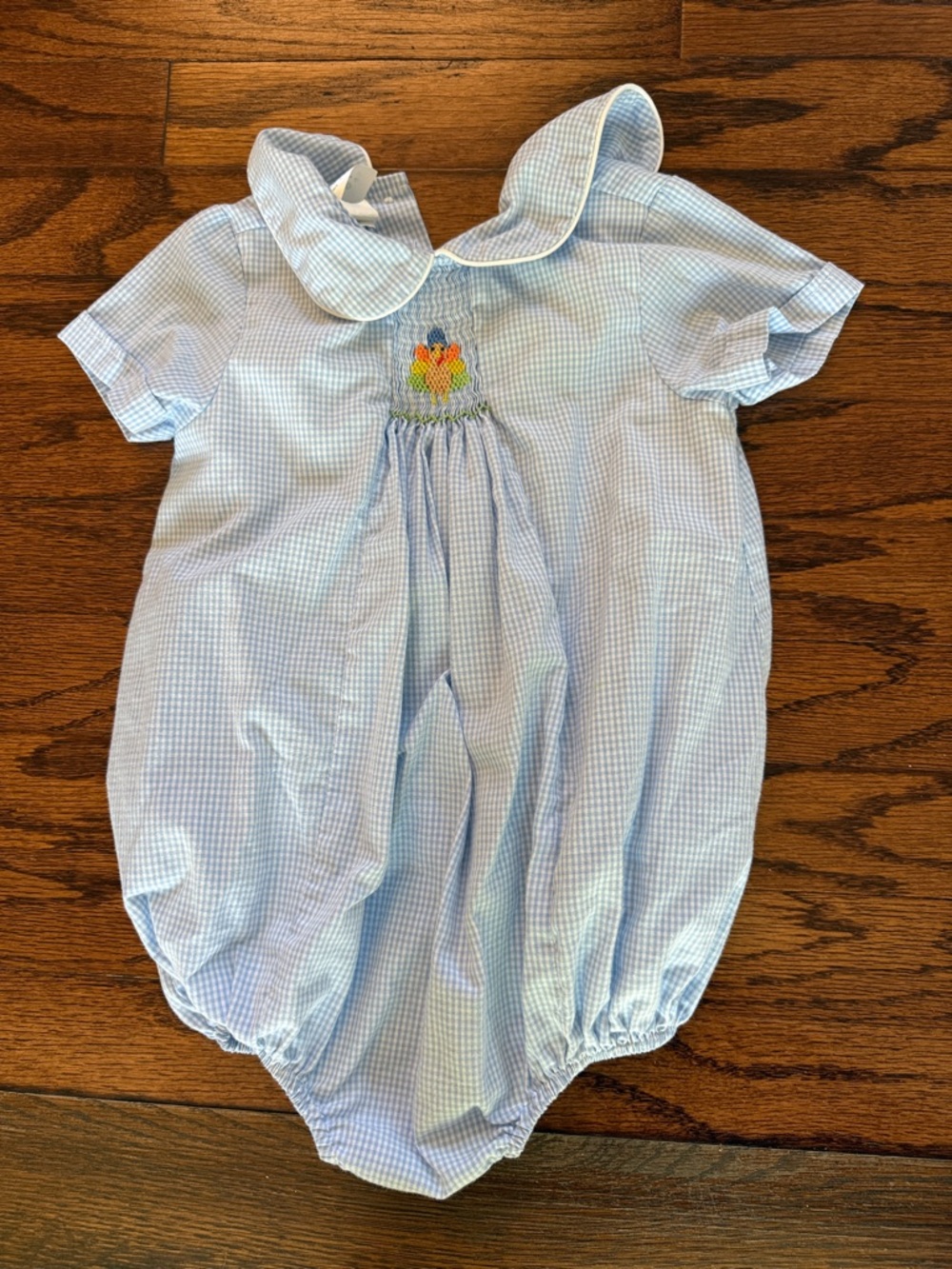 Blue Gingham Baby Bubble Romper with Embroidered Turkey